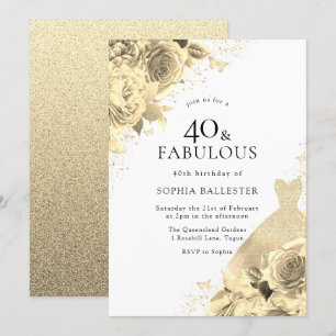 Gold Sparkle Dress & Blume Frauen 40. Geburtstag Einladung