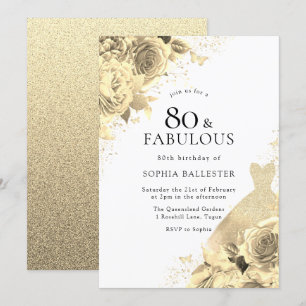 Gold Sparkle Dress & Blume Frauen 80. Geburtstag Einladung