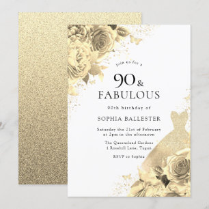 Gold Sparkle Dress & Blume Frauen 90. Geburtstag Einladung