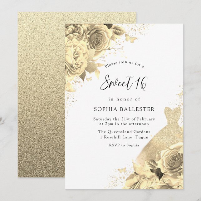 Gold Sparkle Dress & Blume Sweet 16 Party Einladung (Vorne/Hinten)