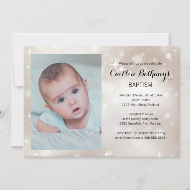 Gold Sparkle Foto Baby Taufe Christening Einladung (Vorderseite)