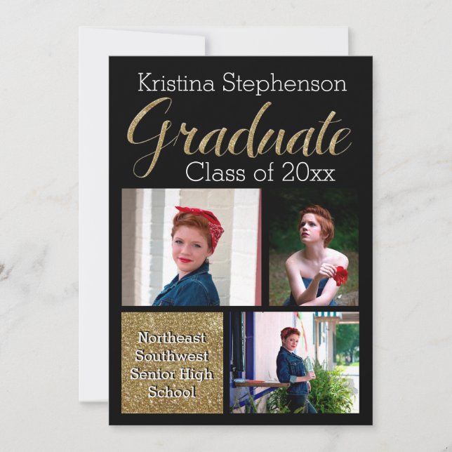 Gold Sparkle Foto Collage High School Abschluss Einladung (Vorderseite)