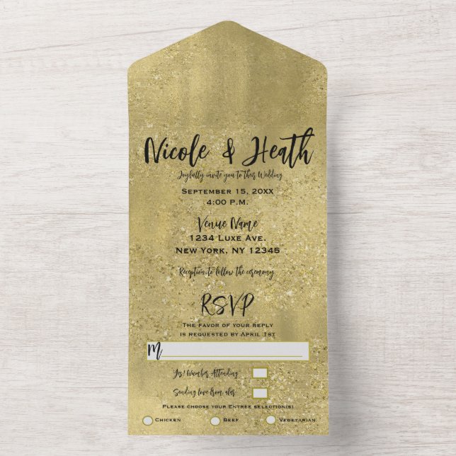 Gold Sparkle Glam Hochzeit in einem All In One Einladung (Innen Boden)