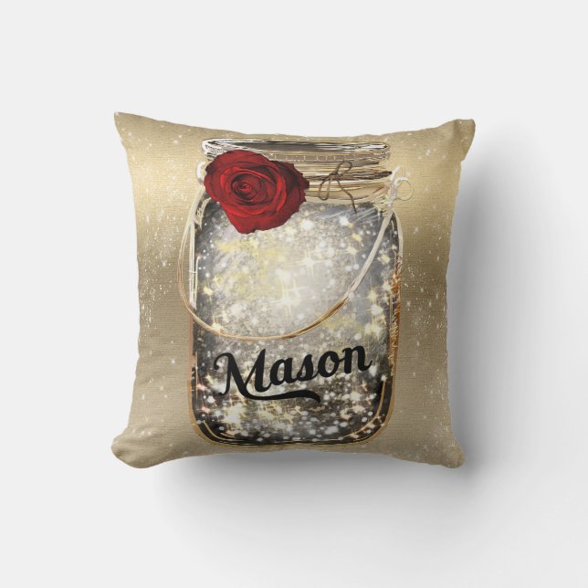Gold Sparkle Glam Red Rose Mason Jar Kissen (Vorderseite)