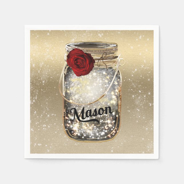 Gold Sparkle Glam Red Rose Mason Jar Serviette (Vorderseite)