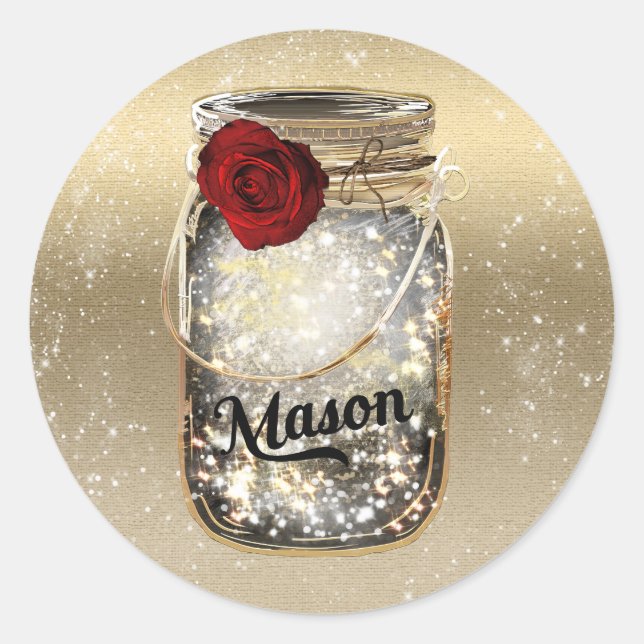 Gold Sparkle Glam Rote Rose Mason Jar Party Runder Aufkleber (Vorderseite)