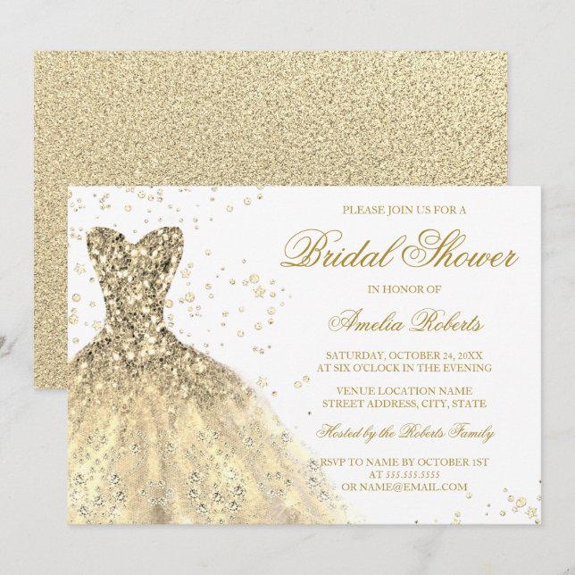 Gold Sparkle Glitzer Dress Brautparty Einladung (Vorne/Hinten)