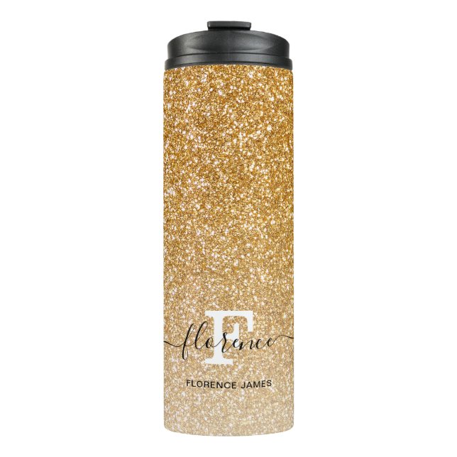 Gold Sparkle Glitzer Ombre Girly Monogram Name Thermosbecher (Vorderseite)