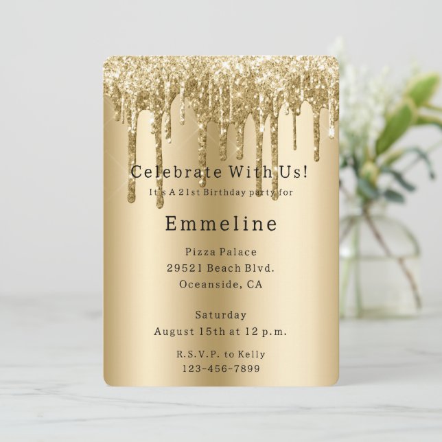 Gold Sparkle Glitzer Tropfen Geburtstag Einladung (Stehend Vorderseite)