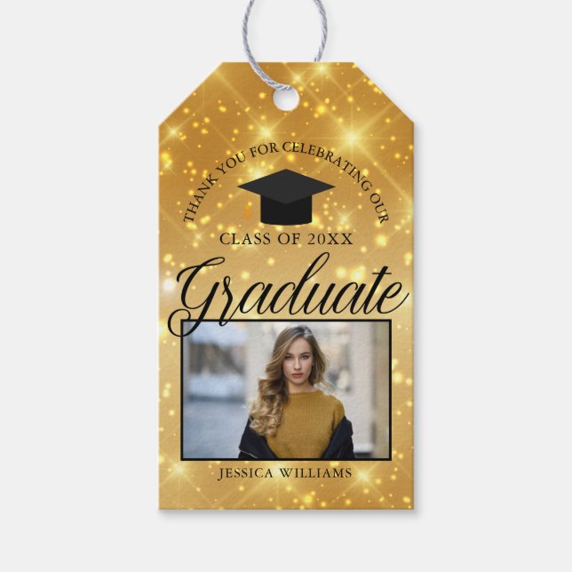 Gold Sparkle Graduate Foto Chic Graduation Party Geschenkanhänger (Vorderseite)