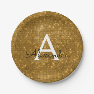 Gold Sparkle & Shimmer Monogram Birthday Pappteller