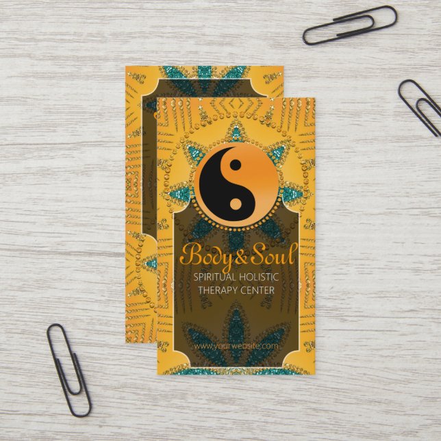 Gold Sparkle Turquoise Orange Yin Yang Cartes de v (Devant/Arrière en situation)