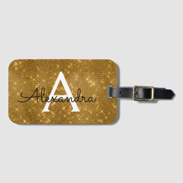 Gold Sparkle Twinkle Shimmer Monogram Name Gepäckanhänger (Vorderseite (Horizontal))