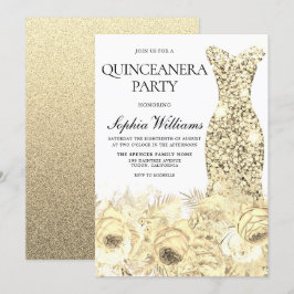Gold Sparkleider und Blume Quinceanera Party Einladung