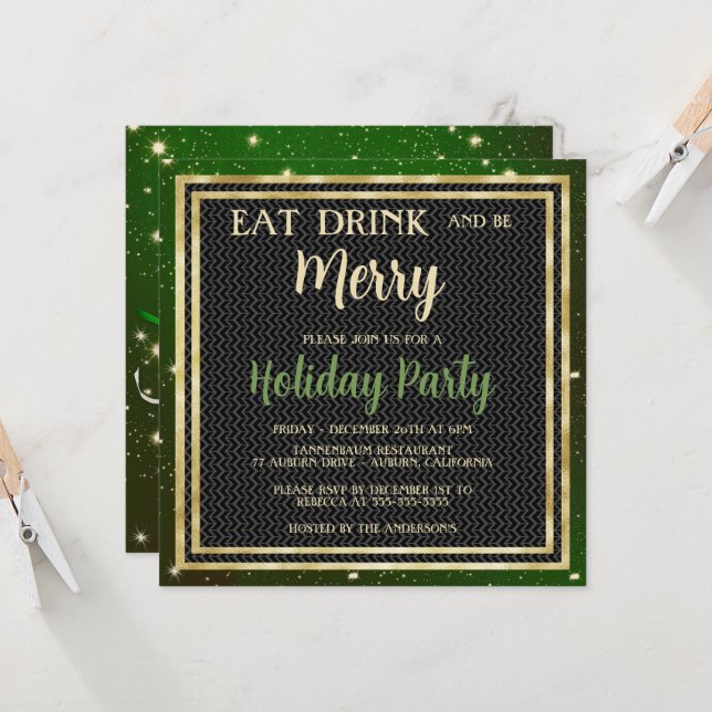 Gold Sparkles et Green Holiday Party Invitation (Devant/Arrière en situation)