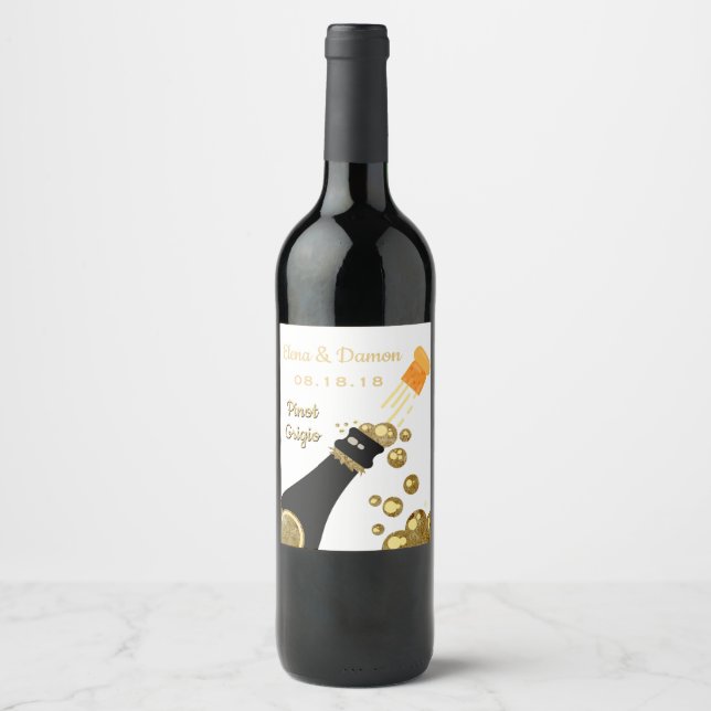Gold Sparkling Wine Bubbles Hochzeit Weinetikett (Vorderseite)