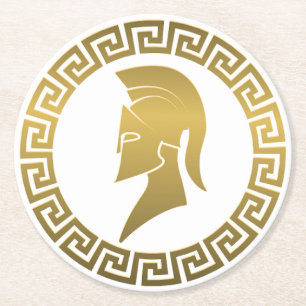 Gold Spartan Helmet mit griechischer Schlüsselgren Runder Pappuntersetzer