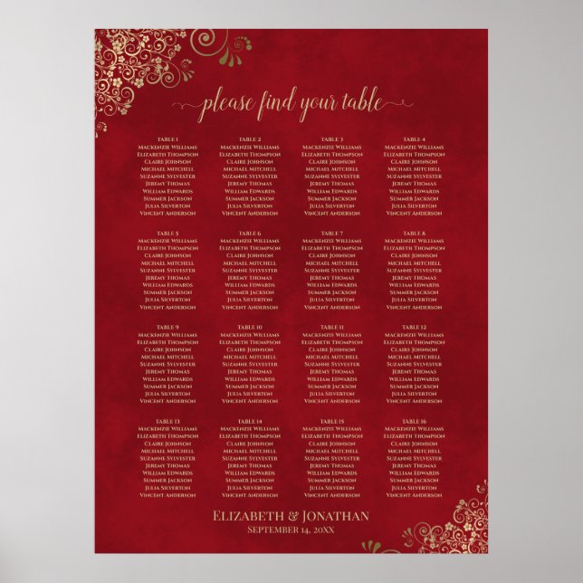 Gold Spitze auf Red 16 Table Wedding Seating Chart Poster (Vorne)