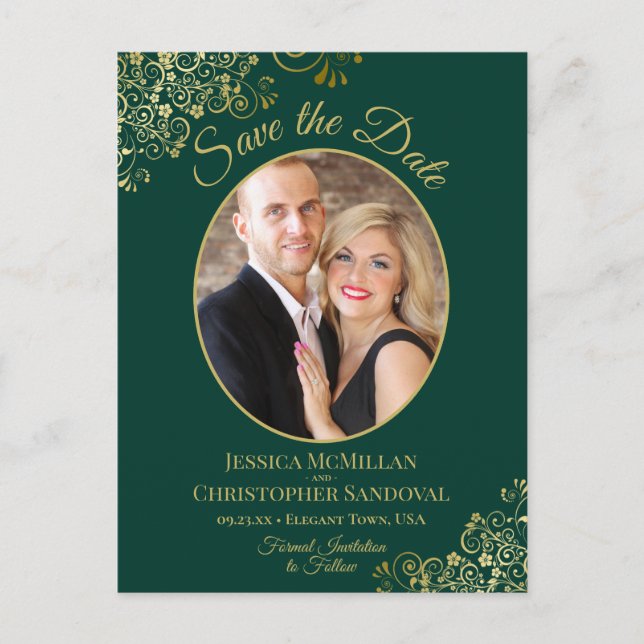 Gold-Spitze auf SmaragdWedding Speichern Sie das D Ankündigungspostkarte (Vorderseite)