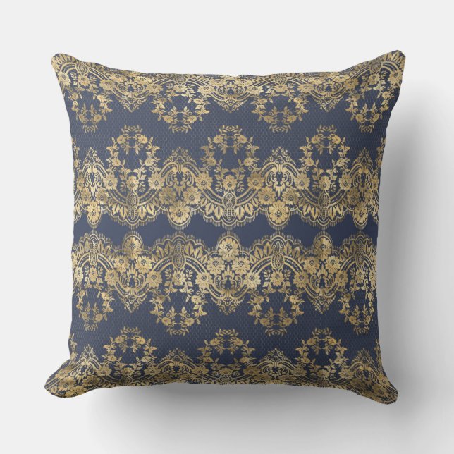 Gold Spitze, Muster, dunkelblau, elegant, Muster, Kissen (Vorderseite)