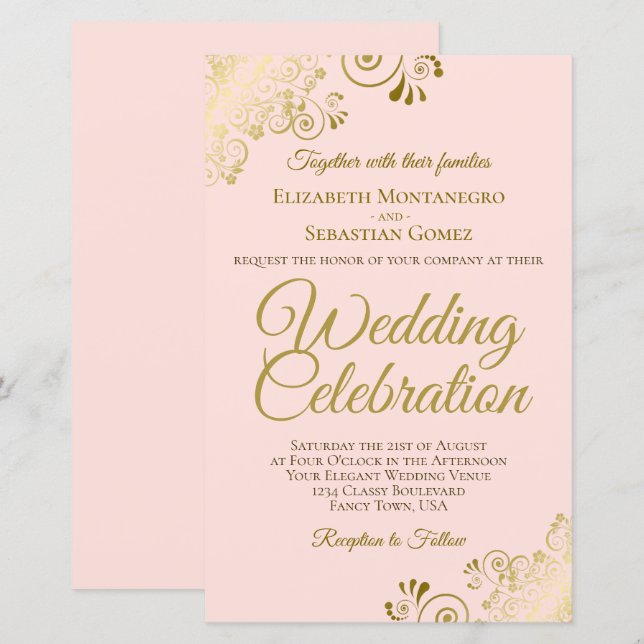 Gold Spitzen auf rosa BUDGET Hochzeit Einladung gr (Vorne/Hinten)