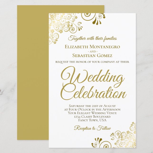 Gold Spitzen auf weißem HAUSHALT Hochzeit Einladun (Vorne/Hinten)