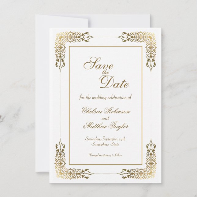 Gold-Spitzen-Border-Hochzeit Sichern Sie das Datum Save The Date (Vorderseite)