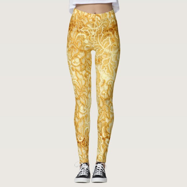 Gold Spitzen Stoff Detail, Stoff. Leggings (Vorderseite)