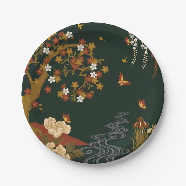 Gold Spring Floral Cherry Blossom River Night Pappteller (Vorderseite)
