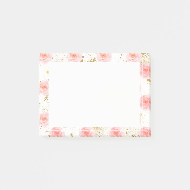 Gold Spritzer Rosa Rosen Aquarell Post-it Klebezettel (Vorderseite)