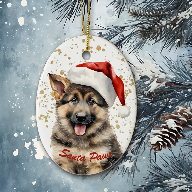 Gold Spritzer Santa Paws German Shepherd Puppy Keramik Ornament (Von Creator hochgeladen)