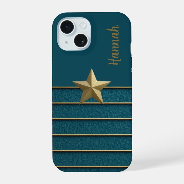 Gold Star auf Aquamarin iPhone 15 Hülle (Rückseite)