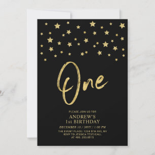 Gold Star   Black One 1. Geburtstag Party Einladung