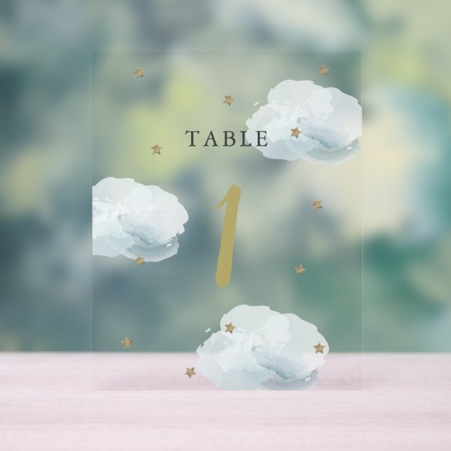 Gold Star & Blue Cloud Baby Dusche Tischnummer Acrylschild (Neutral)