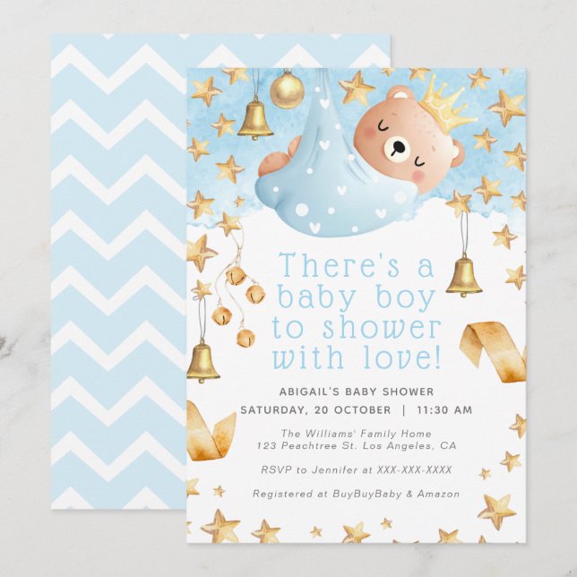 Gold Star Blue Teddy Bear Prince - Boy Baby Dusche Einladung (Vorne/Hinten)