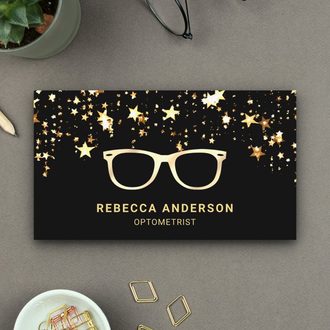 Gold Star Confetti Black Gold Eye Brille Optician Visitenkarte (Von Creator hochgeladen)