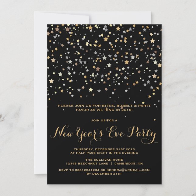 GOLD STAR CONFETTI NOUVEL AN'S EVE INVITATION (Devant)