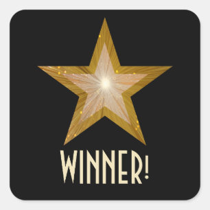 Gold Star 'GAGNANT' carré autocollant noir