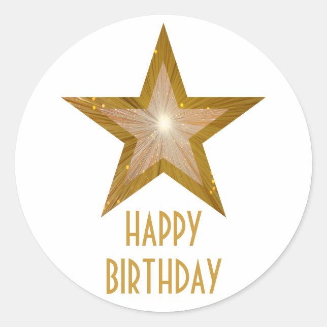 Gold Star 'Happy Birthday' autocollant rond blanc (Devant)