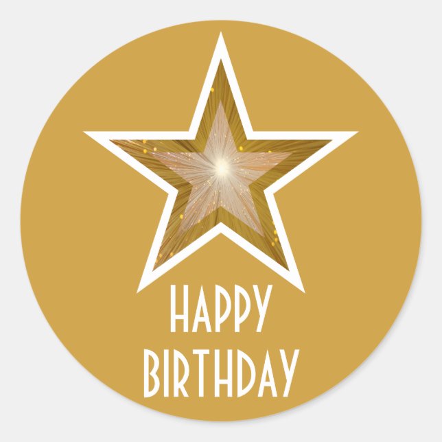 Gold Star "Happy Birthday" Rundaufkleber gelb Runder Aufkleber (Vorderseite)