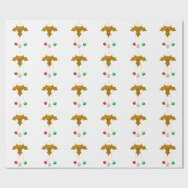 Gold Star Jingle Bells Wreath White Wrapping Paper Geschenkpapier (Flach)