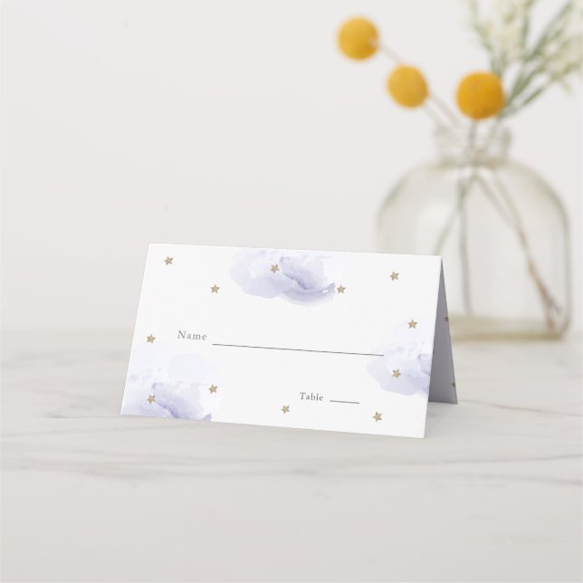 Gold Star & Lavender Cloud Baby Dusche Platzkarte (Vorderseite)