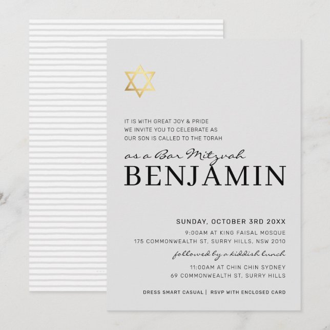 GOLD STAR Moderne Bar Mitzvah minimalgrau Einladung (Vorne/Hinten)