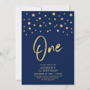 Gold Star   Navy Blue One 1. Geburtstag Party Einladung