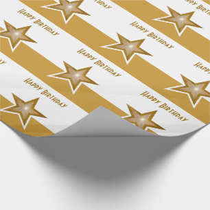 Gold Star Print Happy Birthday Gold weißen Streife Geschenkpapier