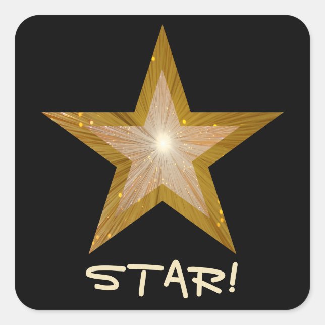 "Gold" Star 'STAR' quadratischer Aufkleber schwarz (Vorderseite)
