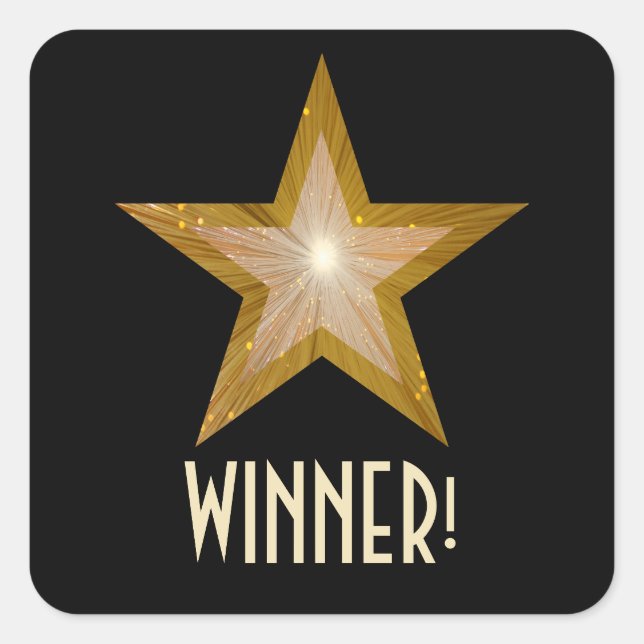 Gold Star "WINNER!" Quadrat Aufkleber schwarz (Vorderseite)