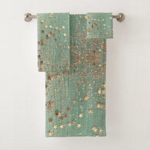 Gold Stardust auf Sea Green  Badhandtuch Set