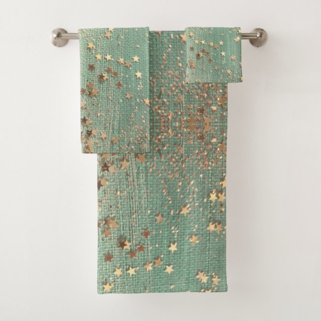 Gold Stardust auf Sea Green  Badhandtuch Set (Insitu)