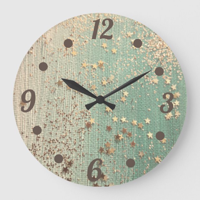 Gold Stardust auf Sea Green Große Wanduhr (Vorderseite)